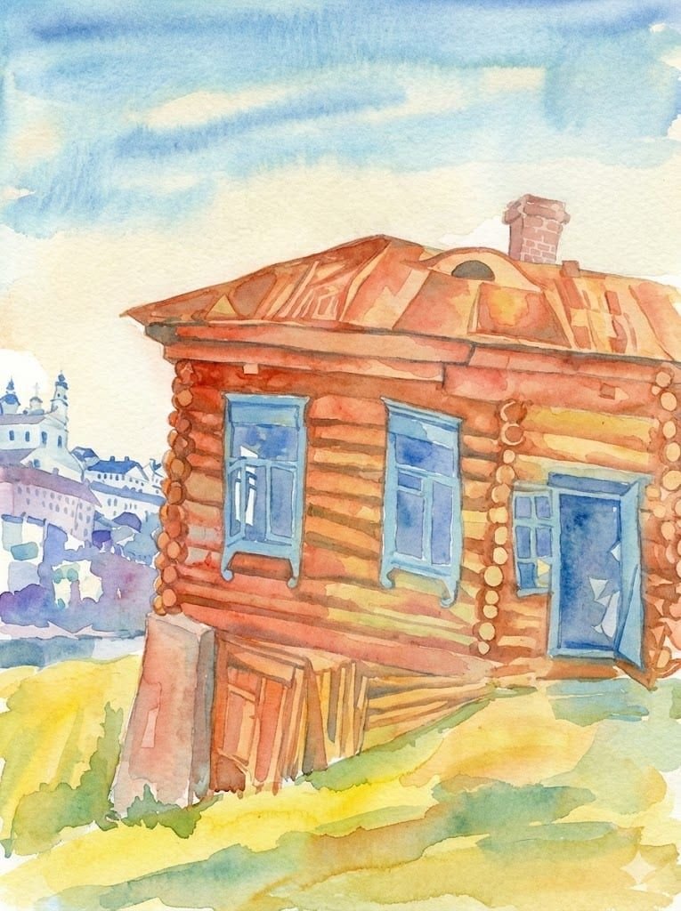 Une aquarelle de la peintre : une maison de bois aux tons chauds sous un ciel clair